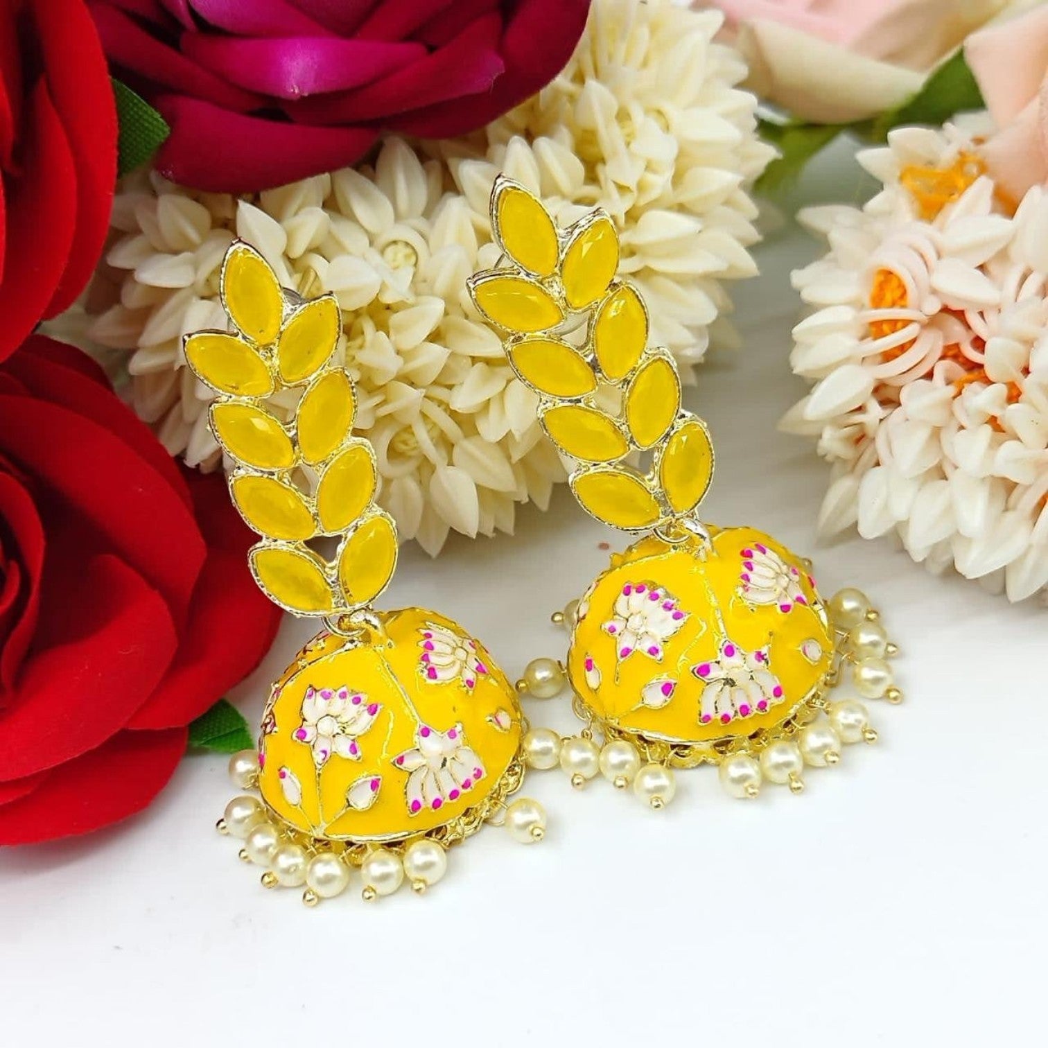 JewelOn yellow Meenakari jhumka earrings with pearl drops and floral enamel detail. Leaf design top.