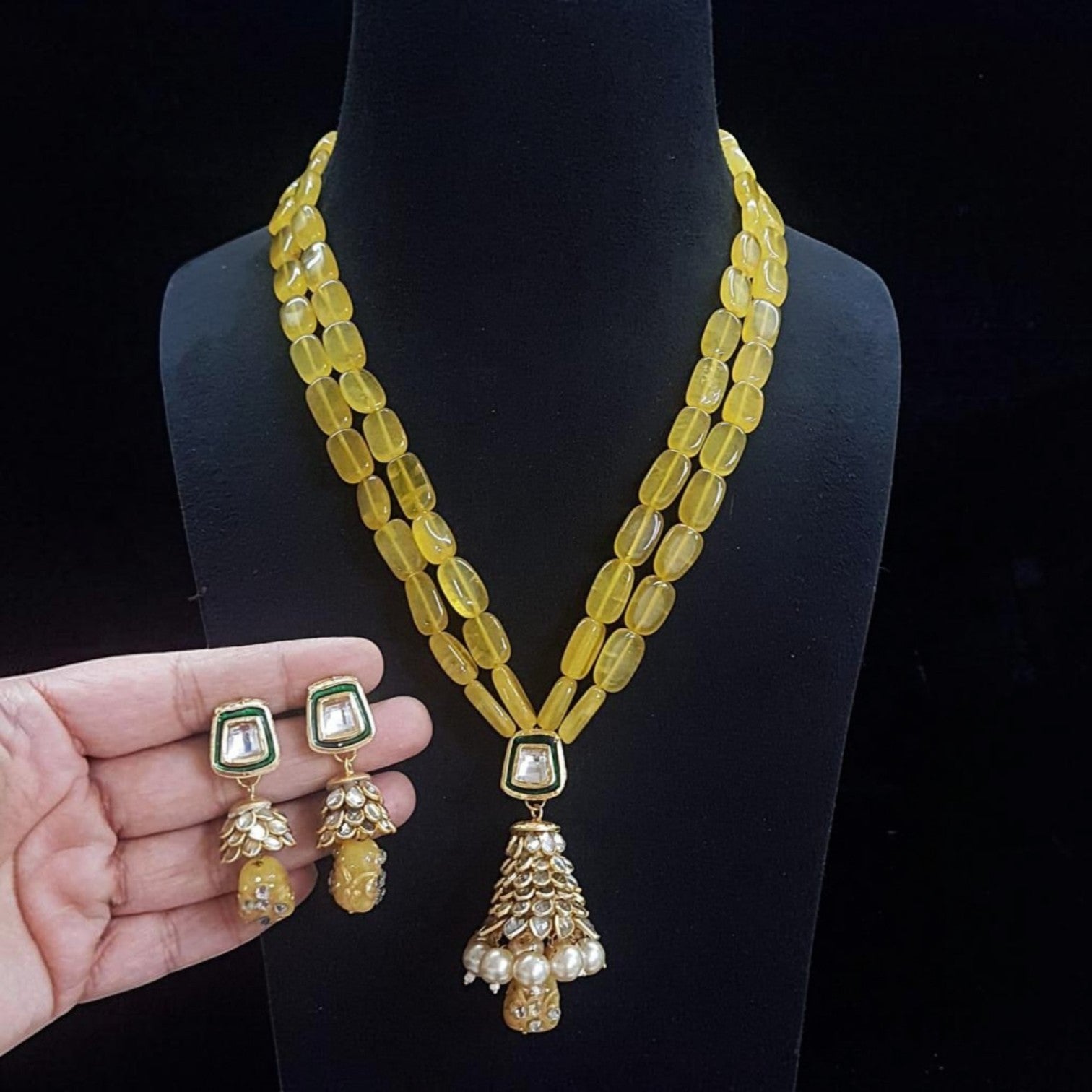 JewelOn yellow Monalisa beads long necklace with Kundan pendant and matching earrings, featuring a tiered design and pearl accents.