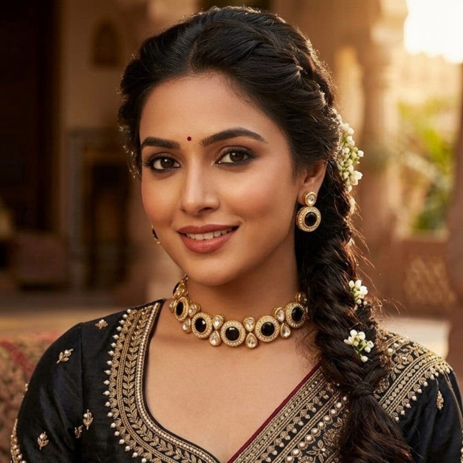 JewelOn black kundan choker necklace set with matching earrings, featuring round black stones and clear crystals on gold-tone metal.