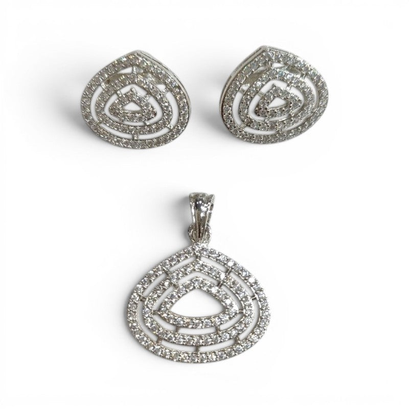 JewelOn Chandrakala American Diamond pendant and earrings set in silver-toned alloy with intricate geometric design.