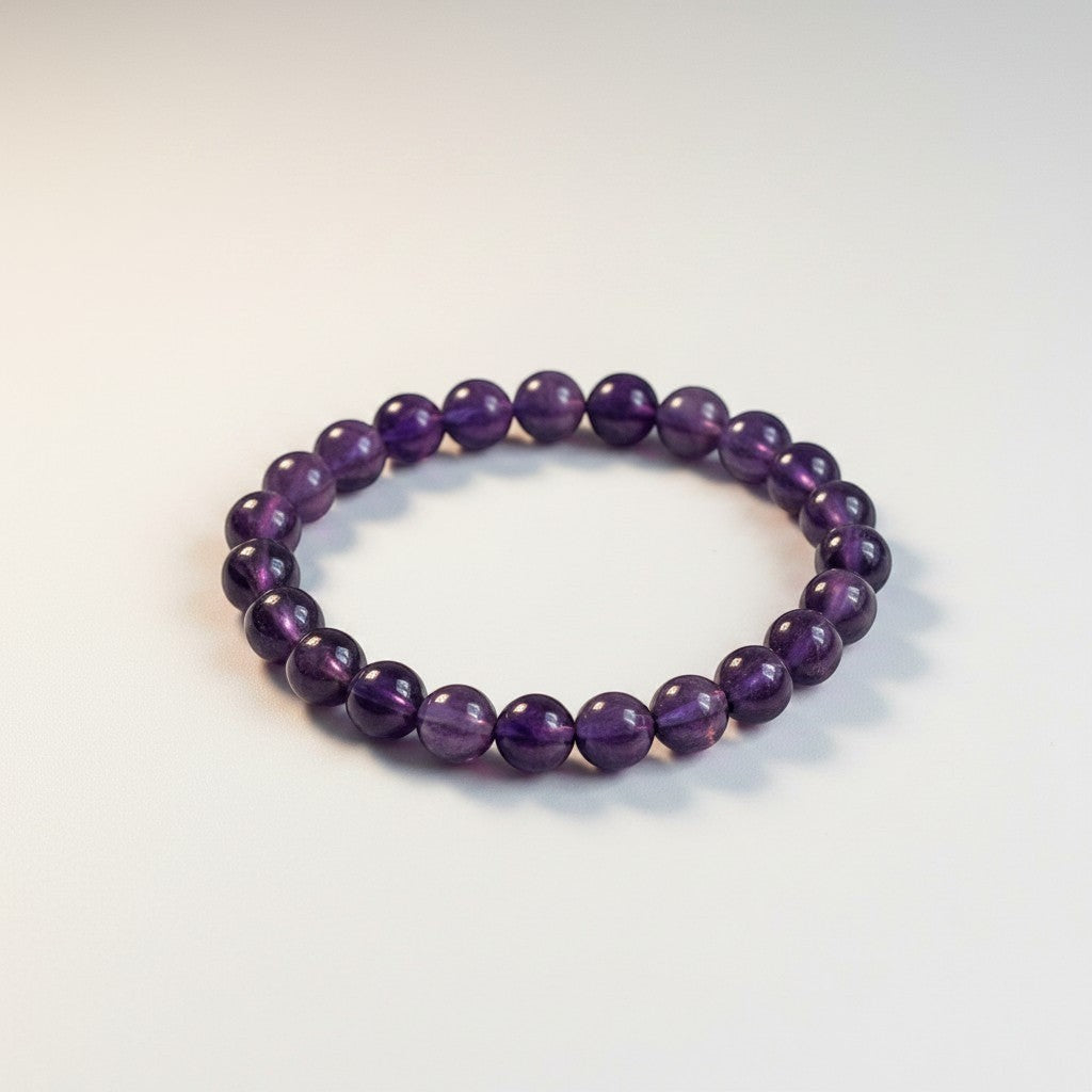 JewelOn amethyst 8mm crystal bead bracelet for men and women, deep violet hue, smooth polished beads, elastic fit.