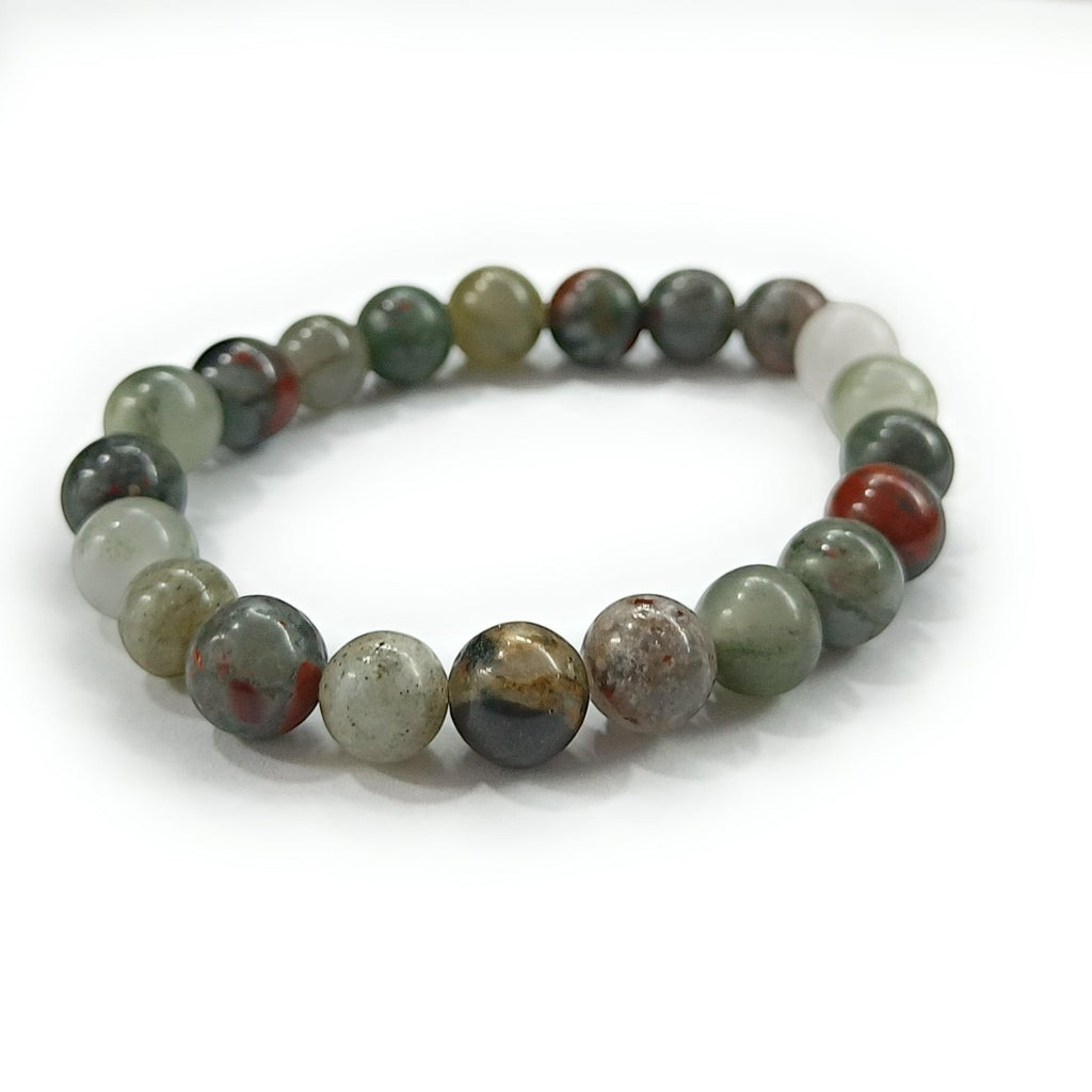 JewelOn 8mm bloodstone crystal beaded bracelet with red and green flecks, unisex design for grounding and courage.