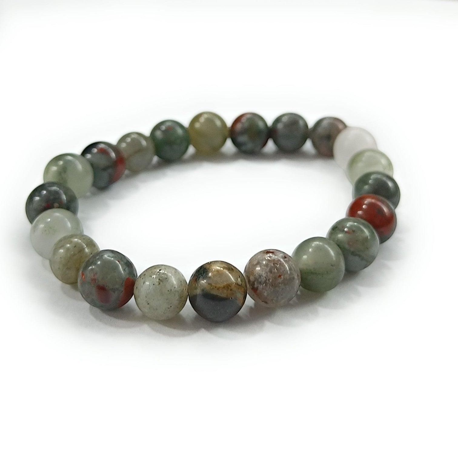 JewelOn 8mm bloodstone crystal beaded bracelet with red and green flecks, unisex design for grounding and courage.