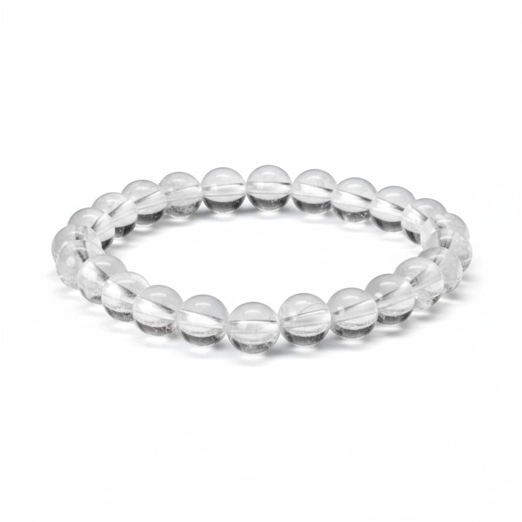 JewelOn clear quartz 8mm crystal bead bracelet for men and women, unisex design, ideal for daily wear or meditation.