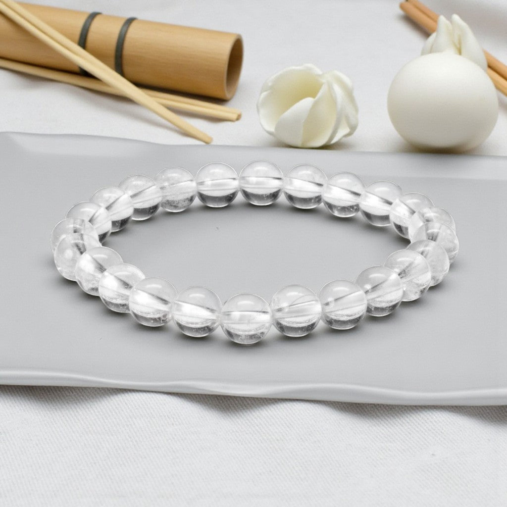 JewelOn clear quartz 8mm crystal bead bracelet for men and women, ideal for healing and meditation.