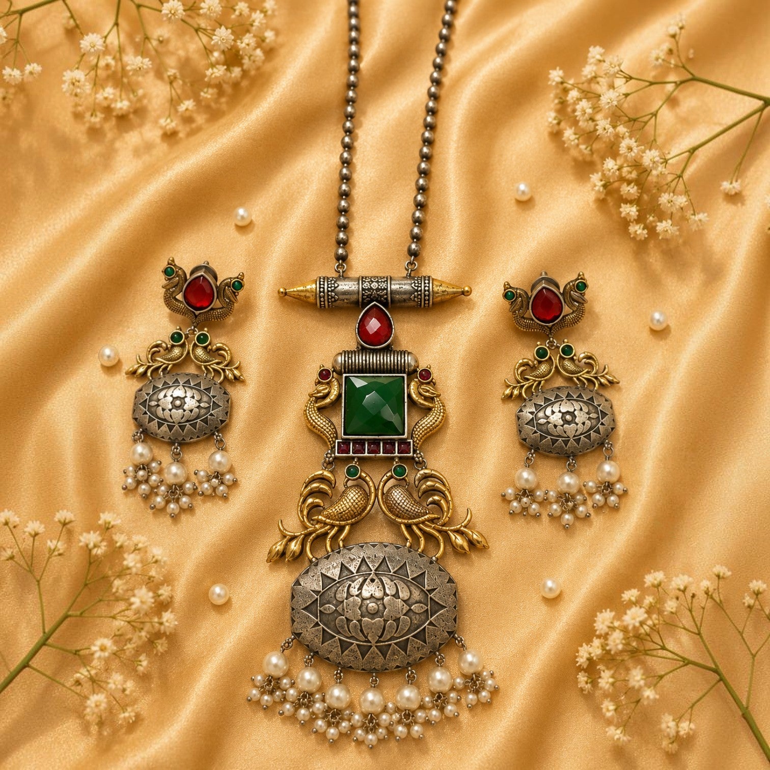 JewelOn dual tone necklace set with antique gold and oxidised silver finish, green and red stones, and pearl drops.