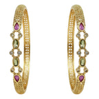JewelOn gold plated bangles set for women, featuring intricate filigree work and teardrop-shaped pink and green stones with small clear crystals.