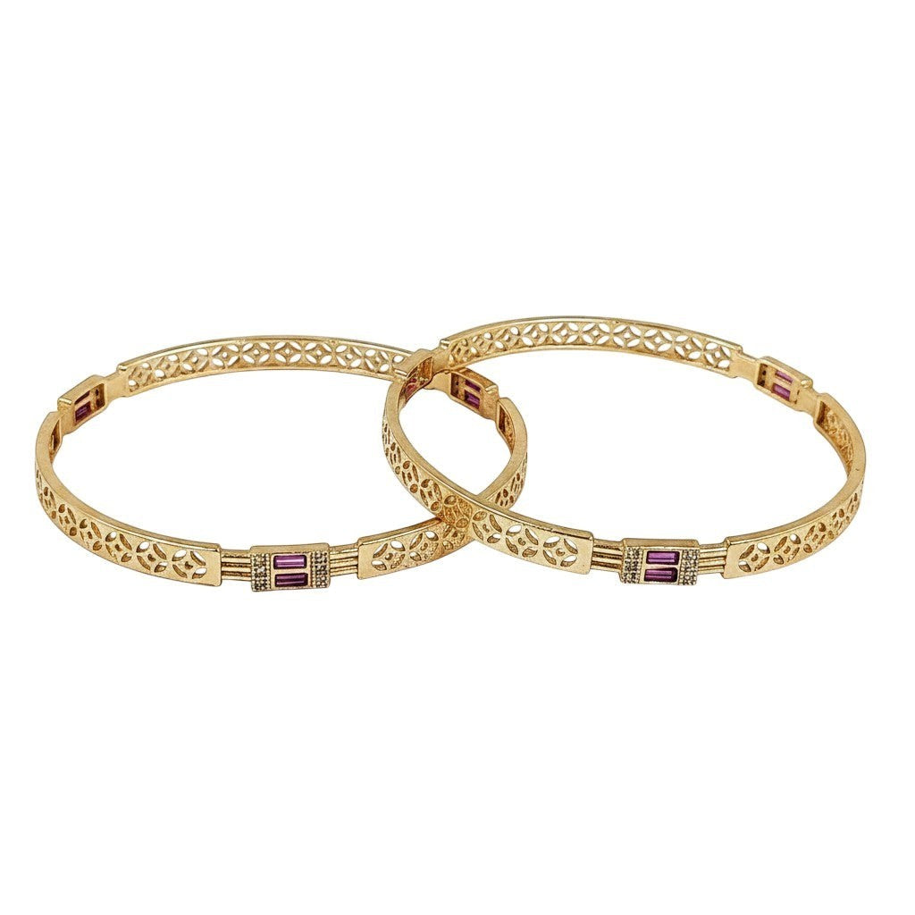 JewelOn Éclat gold plated bangles set for women with intricate cutwork and purple stone accents.