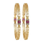 JewelOn Éclat gold plated bangles set for women, featuring intricate cutwork and small purple stones with diamond accents.