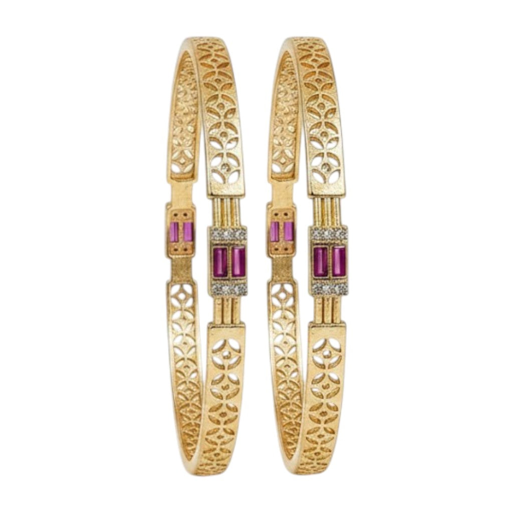 JewelOn Éclat gold plated bangles set for women, featuring intricate cutwork and small purple stones with diamond accents.