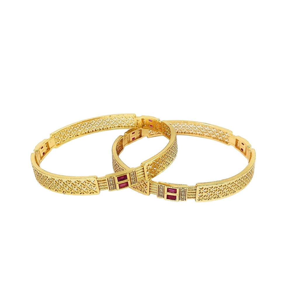 JewelOn Thalia gold plated bangles set for women, featuring intricate lattice patterns and ruby-red stone accents.
