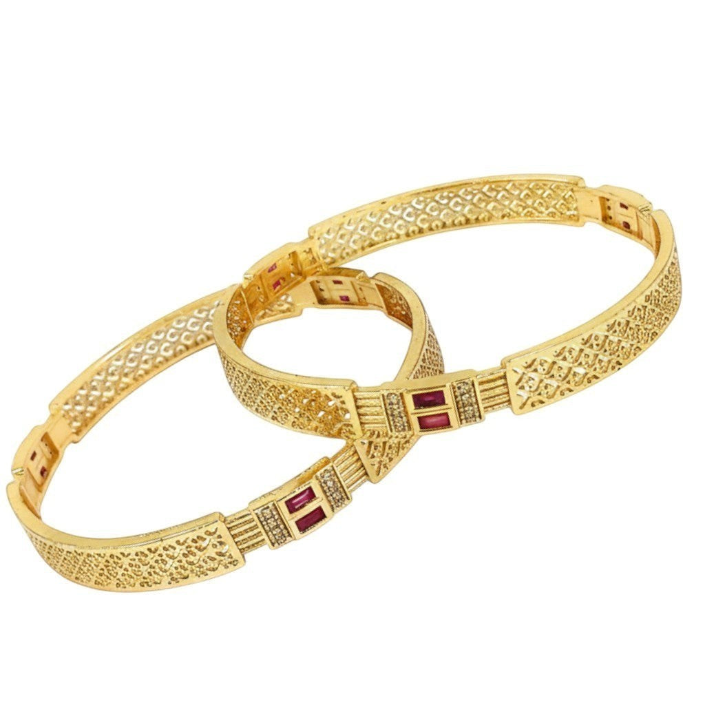 JewelOn Thalia gold plated bangles set for women with intricate lattice design and ruby accents.