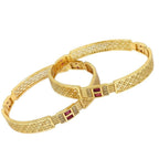 JewelOn Thalia gold plated bangles set for women with intricate lattice design and ruby accents.