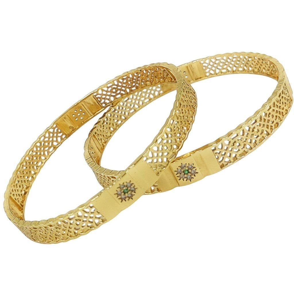 JewelOn Esplendor gold plated bangles set for women, featuring intricate filigree design and a central green stone accent.