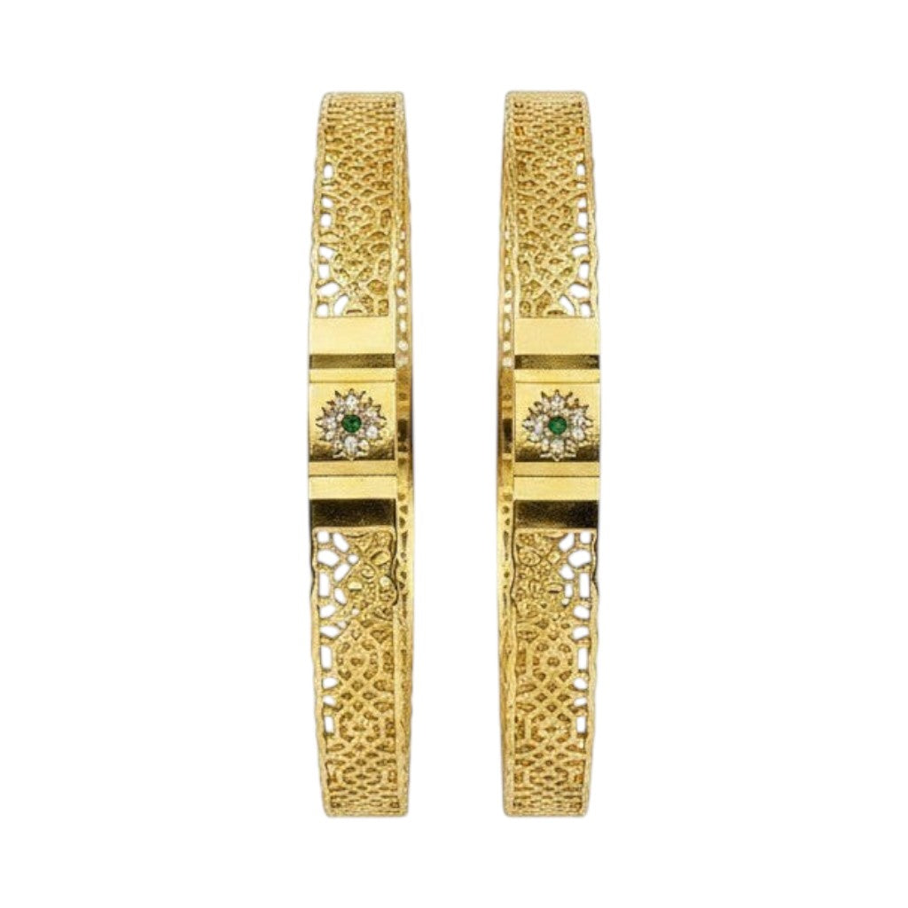 JewelOn Esplendor gold plated bangles set for women, featuring intricate filigree design and a central green stone accent.