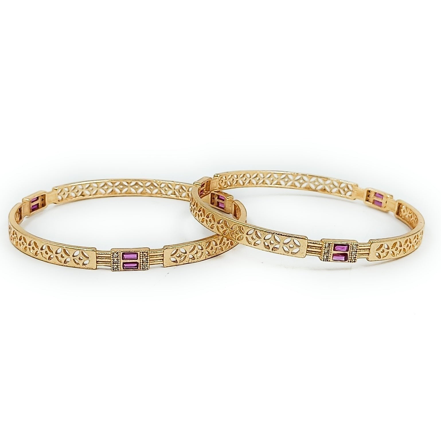 JewelOn Éclat gold plated bangles set for women featuring intricate cutwork and small purple stones with diamond accents.