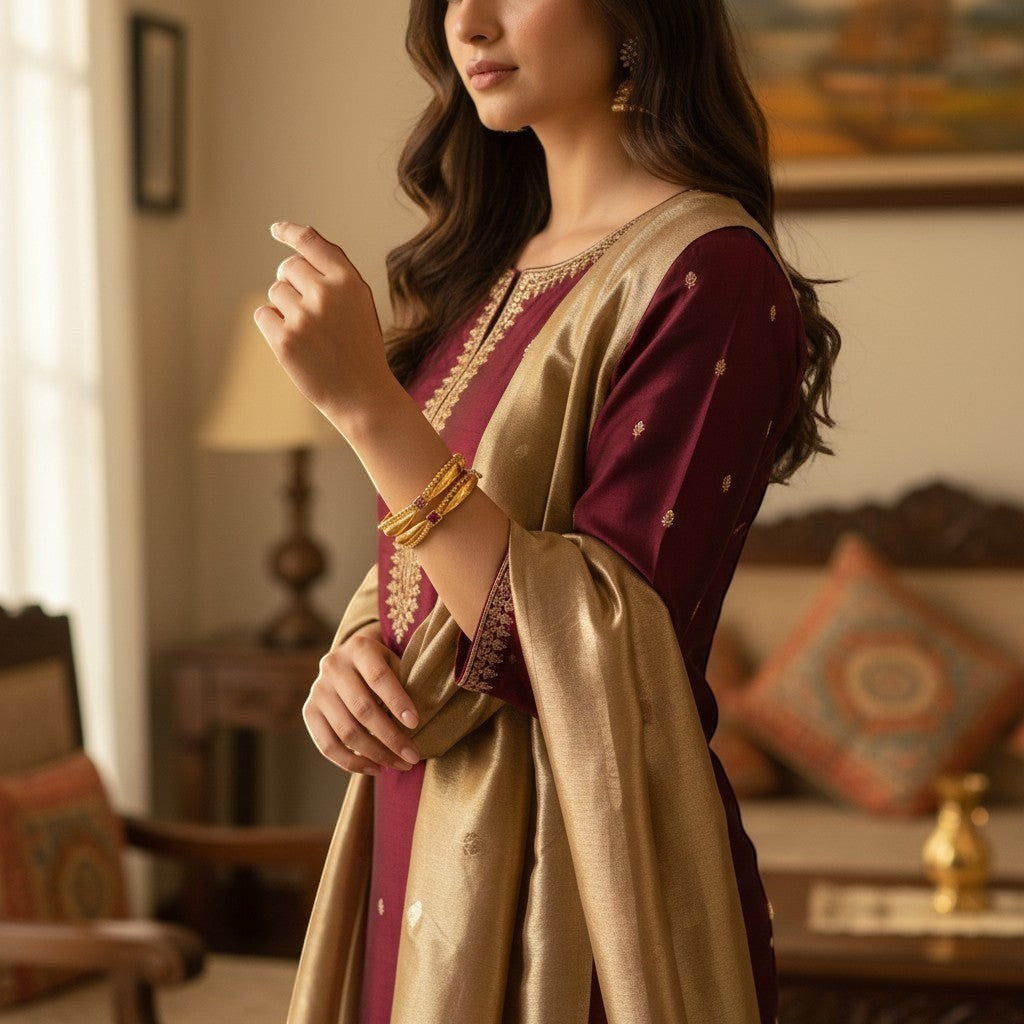 JewelOnGold plated bangles with red stone accents worn by a woman in a maroon and gold outfit.