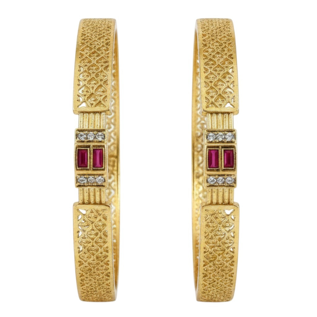 JewelOn Thalia gold plated bangles set for women, featuring intricate lattice patterns and ruby-colored stones.
