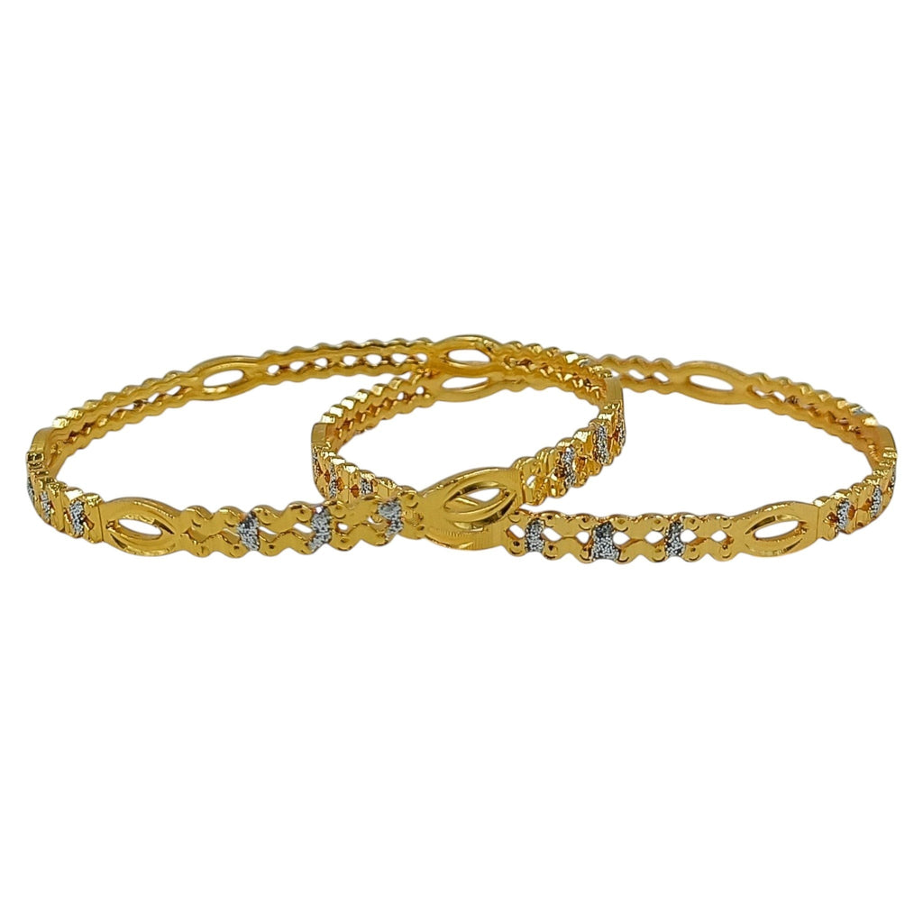 JewelOn Noor gold plated bangles set for women, featuring intricate cut-out designs and small clear stones.