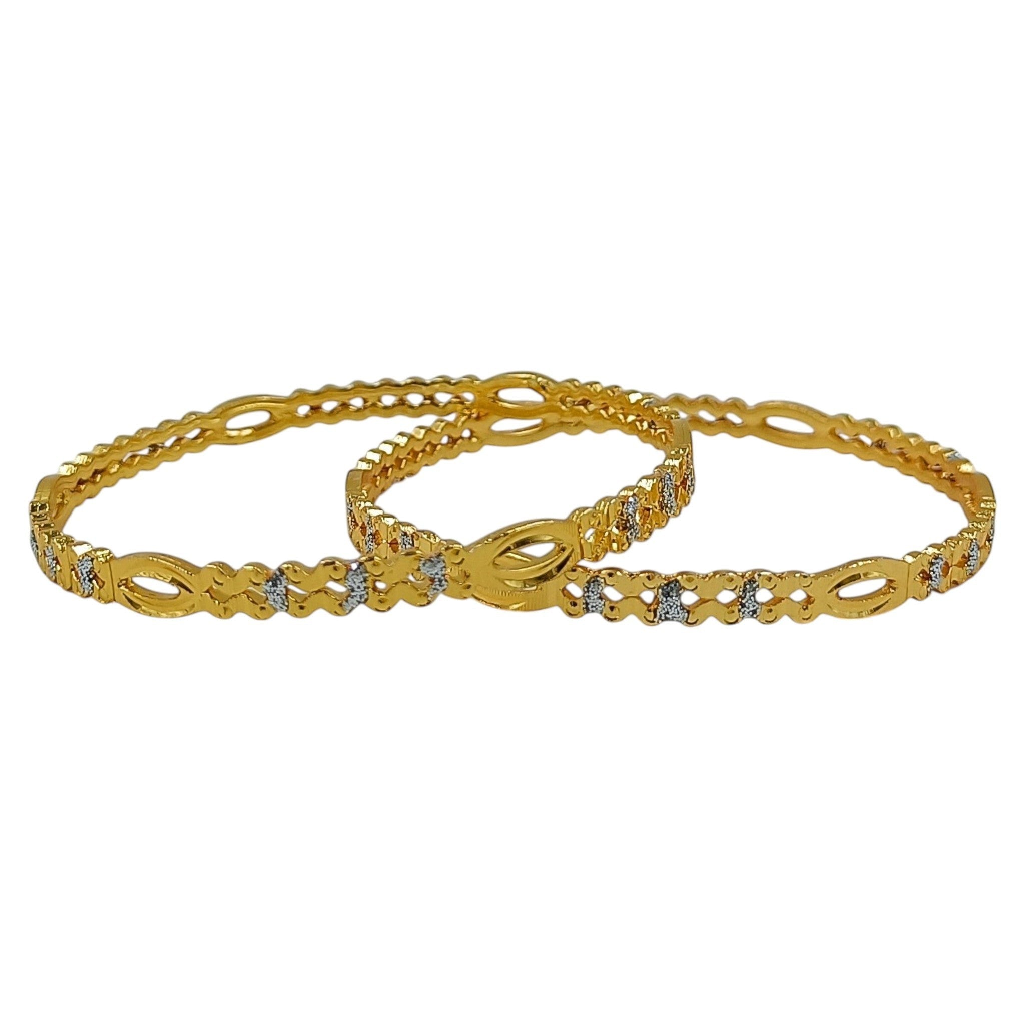 JewelOn Noor gold plated bangles set for women, featuring intricate cut-out designs and small clear stones.
