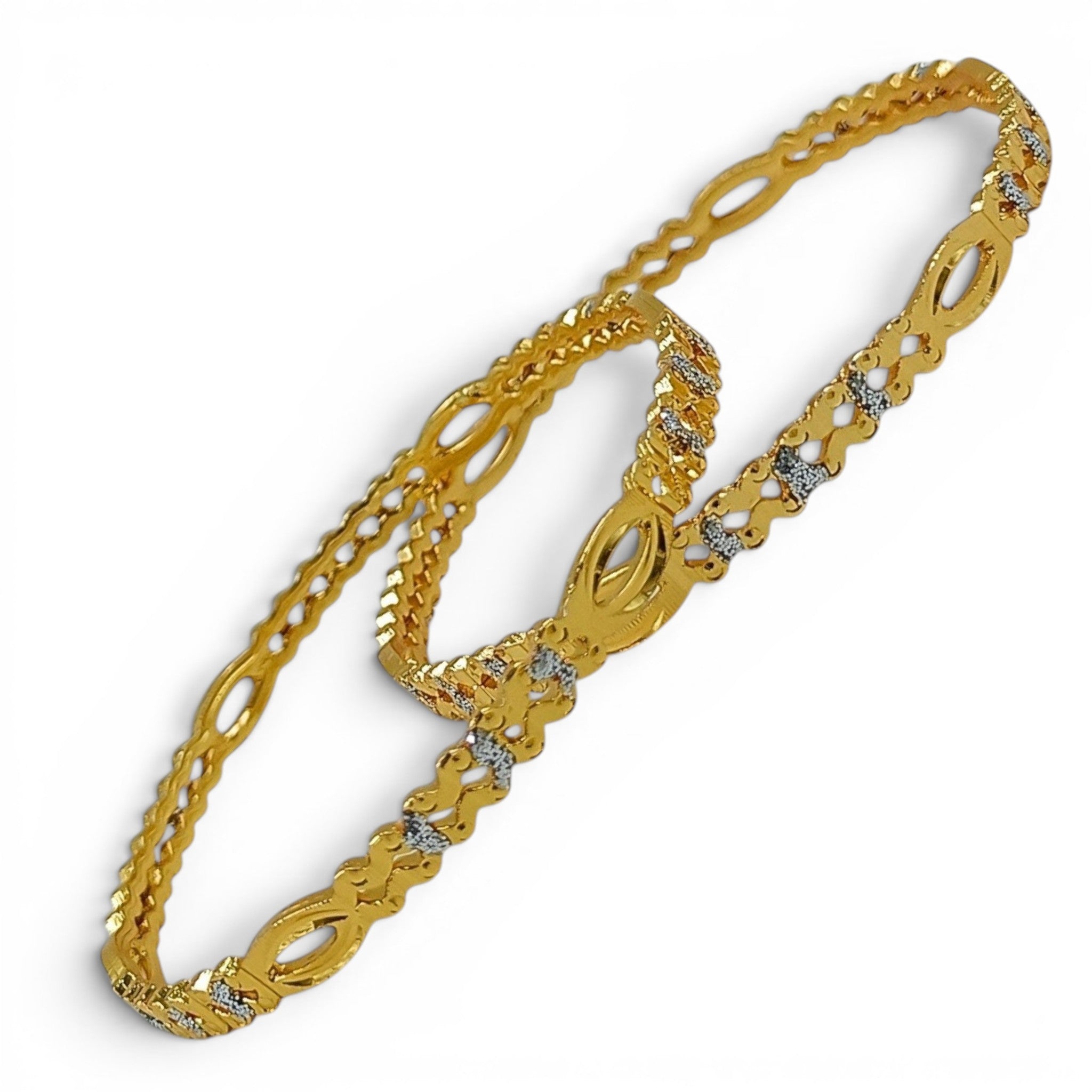JewelOn Noor gold plated bangles set for women, featuring intricate cut-out details and small clear stones.
