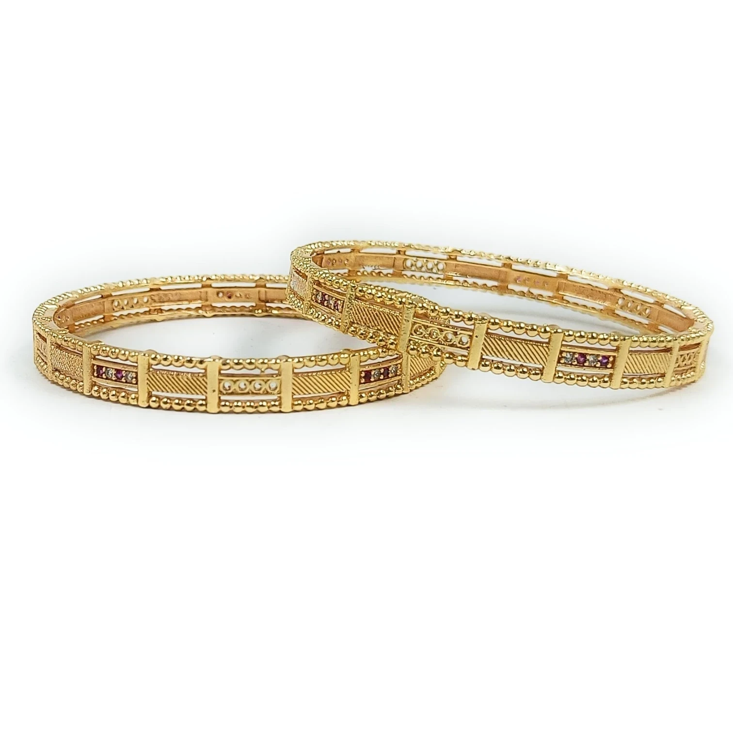 JewelOn Priya gold plated bangles set for women, featuring intricate patterns and small red stones. Traditional ethnic wear.