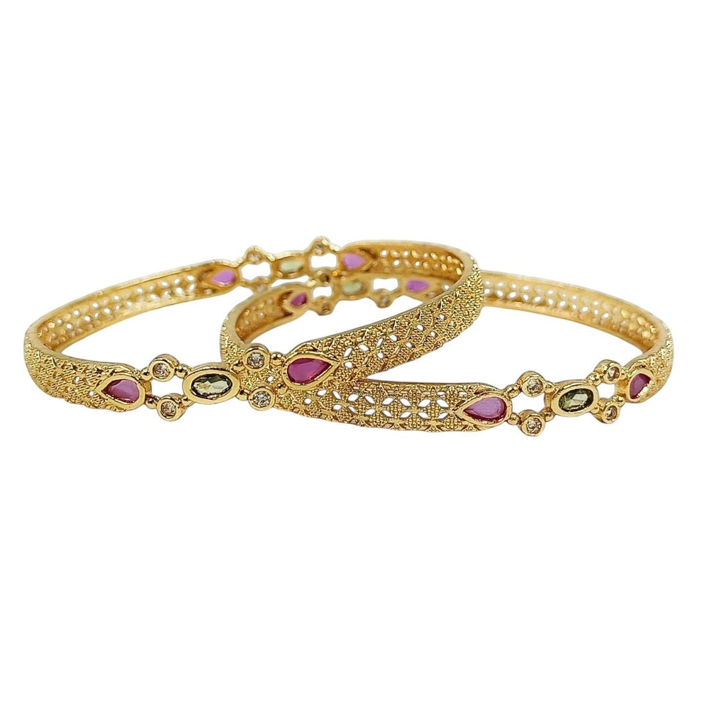 JewelOn Lumière gold plated bangles set for women, featuring intricate filigree design and teardrop-shaped pink and green stones.
