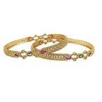 JewelOn Lumière gold plated bangles set for women, featuring intricate filigree design and teardrop-shaped pink and green stones.
