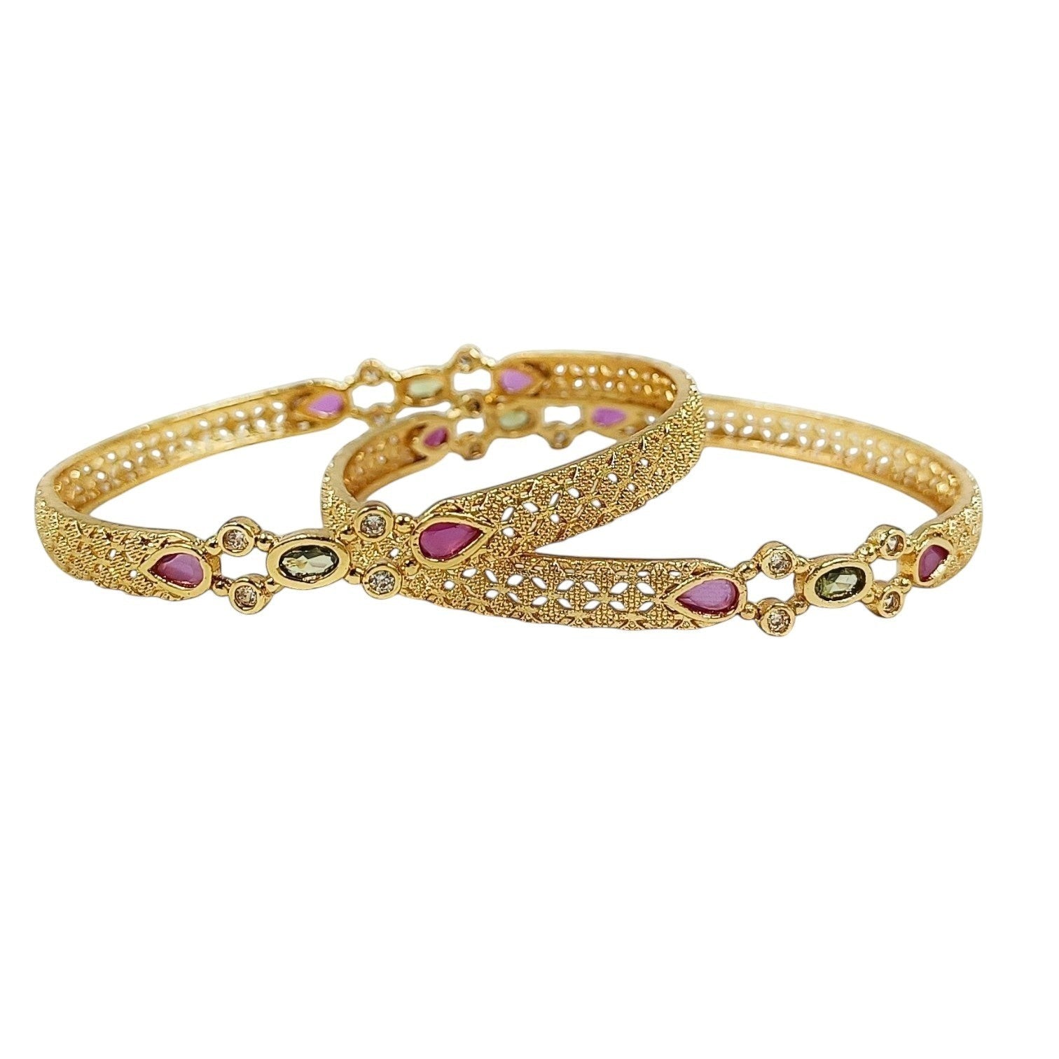 JewelOn Lumière gold plated bangles set for women, featuring intricate filigree design and teardrop-shaped pink and green stones.