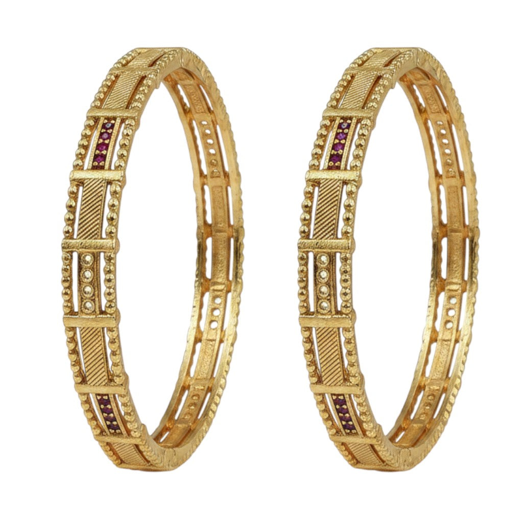 JewelOn Priya gold plated bangles set for women, featuring intricate patterns and small red stones. Traditional ethnic jewelry.