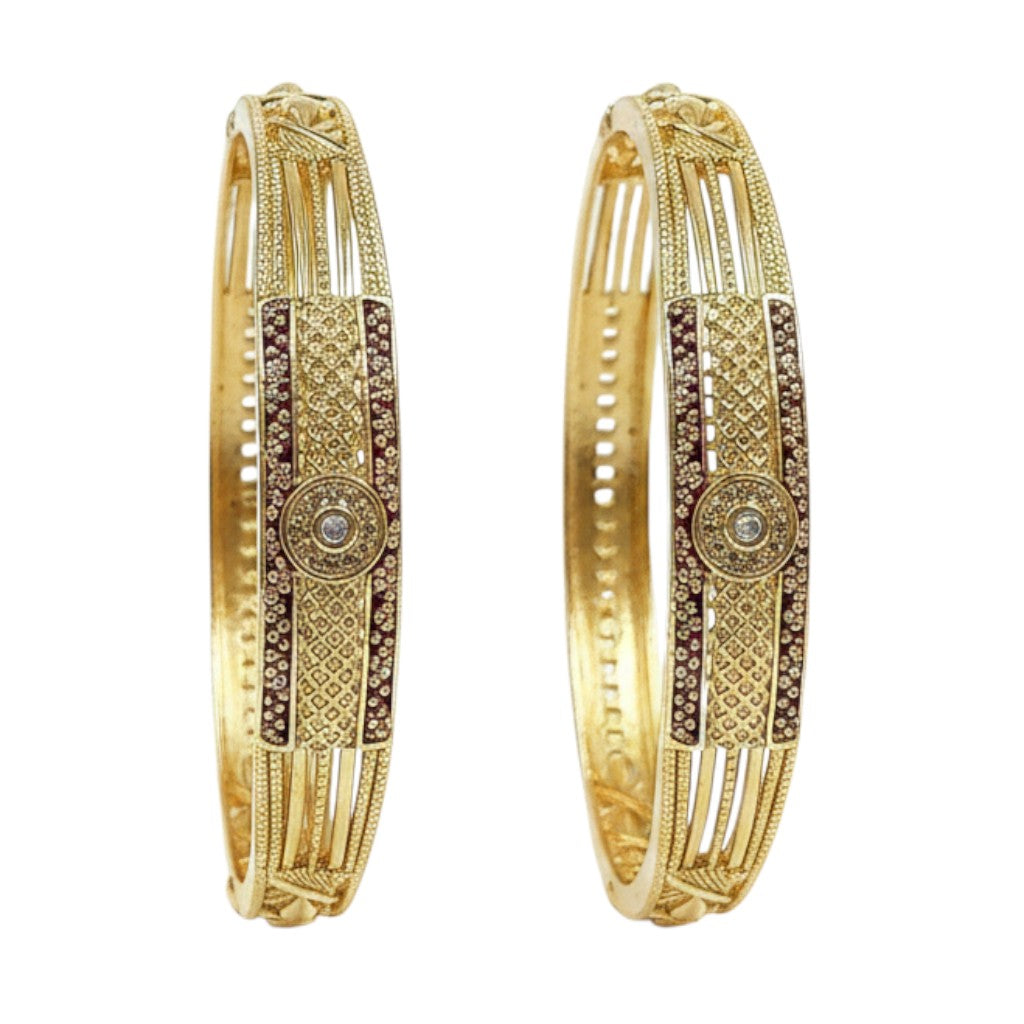 JewelOn gold plated bangles set for women with intricate patterns and small red and clear stones.