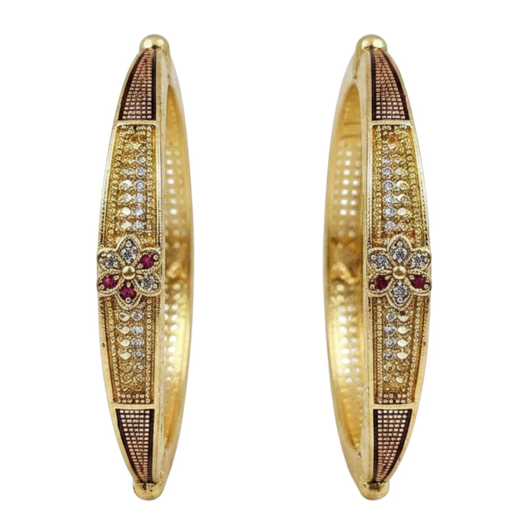JewelOn Dorada gold plated bangles set for women, featuring intricate patterns and small red and clear stones.