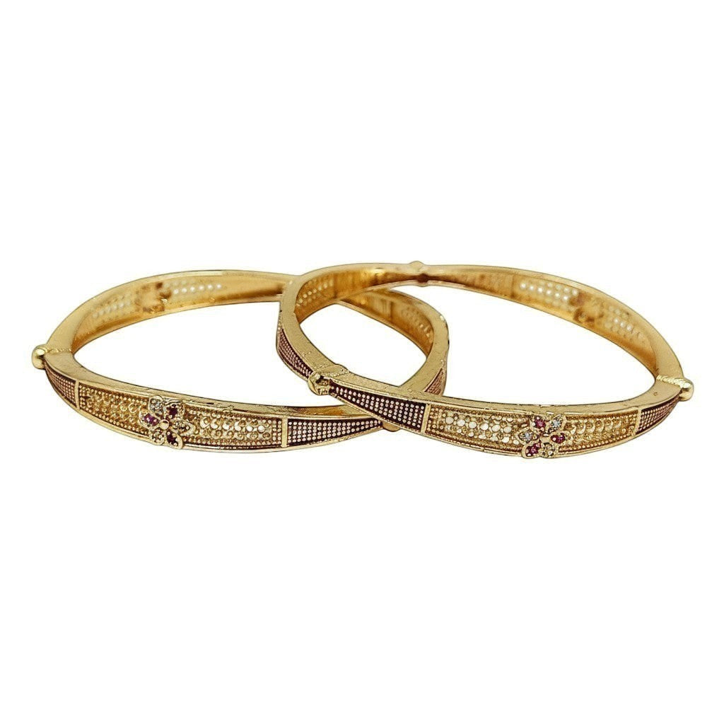 JewelOn Dorada gold plated bangles set for women, featuring intricate patterns and small red and clear stones.