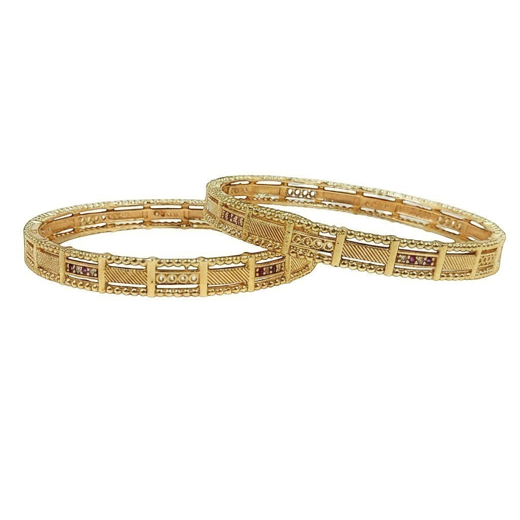 JewelOn Priya gold plated bangles set for women, featuring intricate patterns and small red stones. Traditional ethnic jewelry.