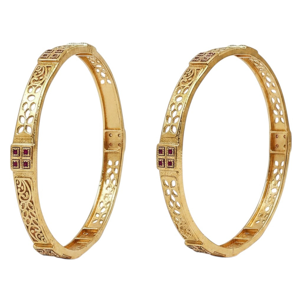 JewelOn Aurelia gold plated bangles set for women, featuring intricate floral cutwork and small red stones.