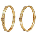 JewelOn Aurelia gold plated bangles set for women, featuring intricate floral cutwork and small red stones.