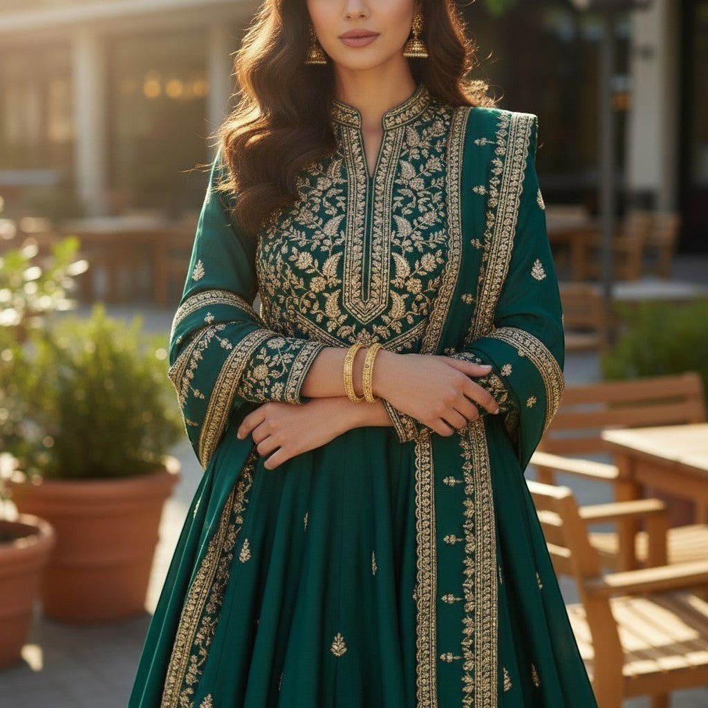 JewelOn Zoe gold plated bangles set for women, featuring intricate gold embroidery on a deep green ethnic dress.