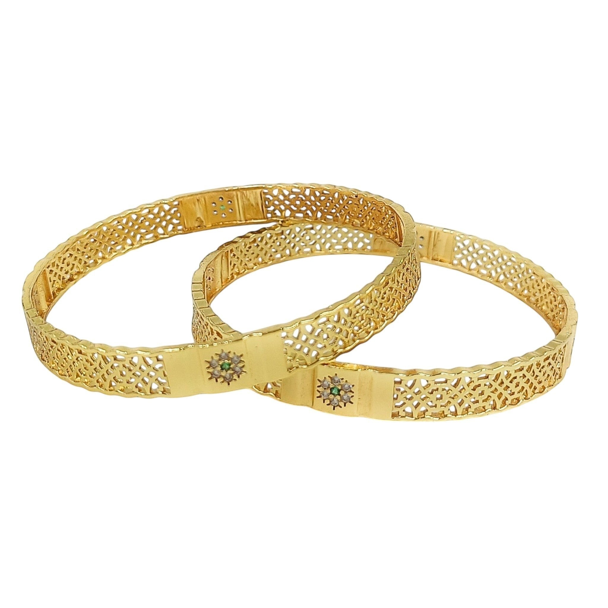 JewelOn Esplendor gold plated bangles set for women, featuring intricate lattice work and a central green stone embellishment.