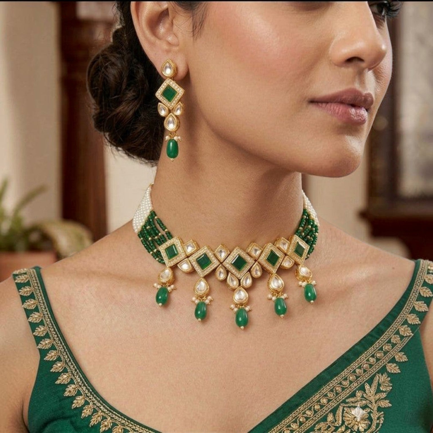 JewelOn green kundan choker necklace and matching earrings with pearl and bead accents, featuring diamond-shaped emerald stones.