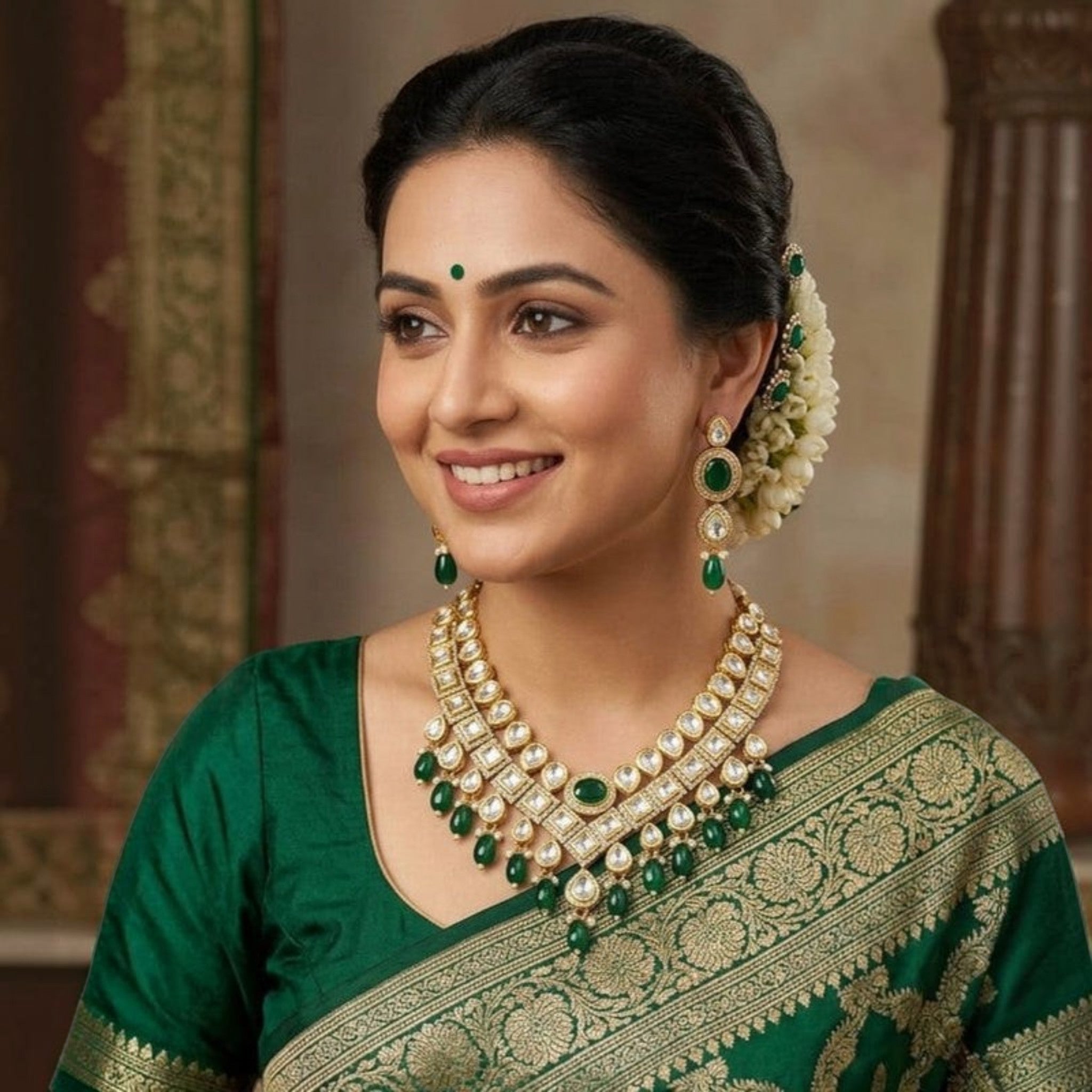 JewelOn green Kundan choker necklace and earrings set with gold accents and emerald green stones, worn by a woman in a green saree.