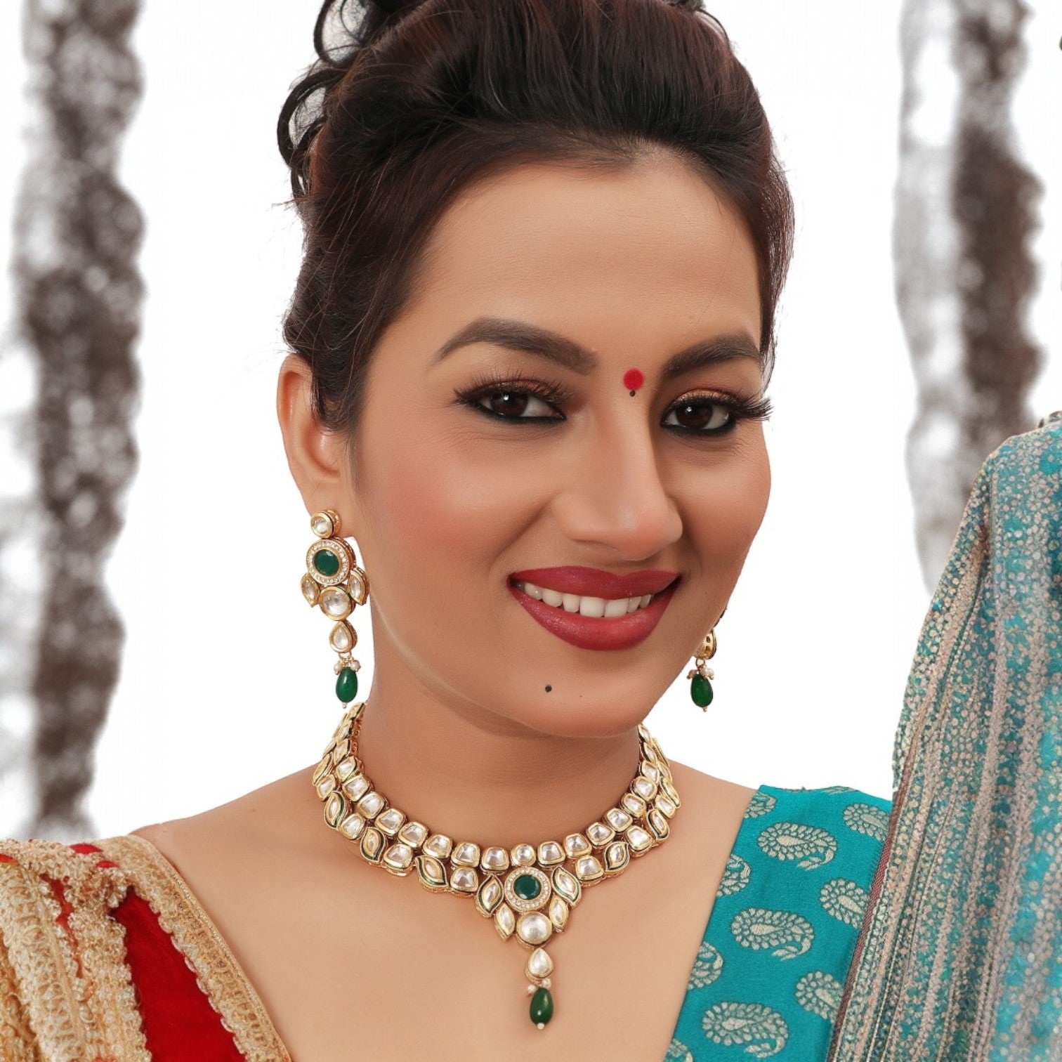 JewelOn green kundan necklace jewellery set with matching earrings, featuring dabbi polki stones and emerald drops.