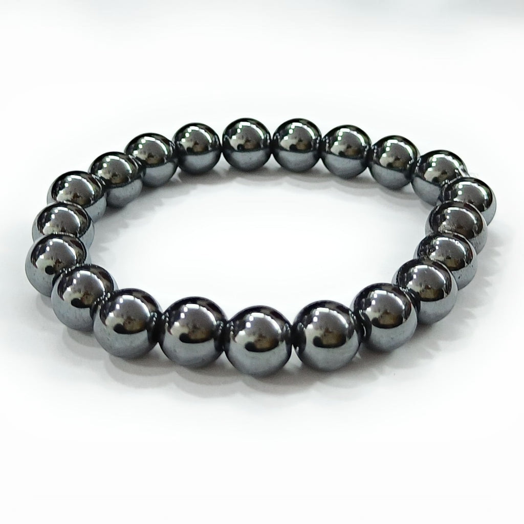 JewelOn Hematite 8mm crystal bead bracelet for men and women, metallic grey-black, grounding and protective