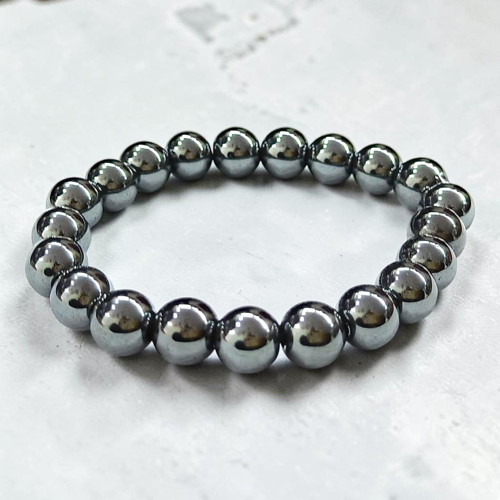 JewelOn Hematite 8mm crystal bead bracelet for men and women, metallic grey-black, grounding and protective.