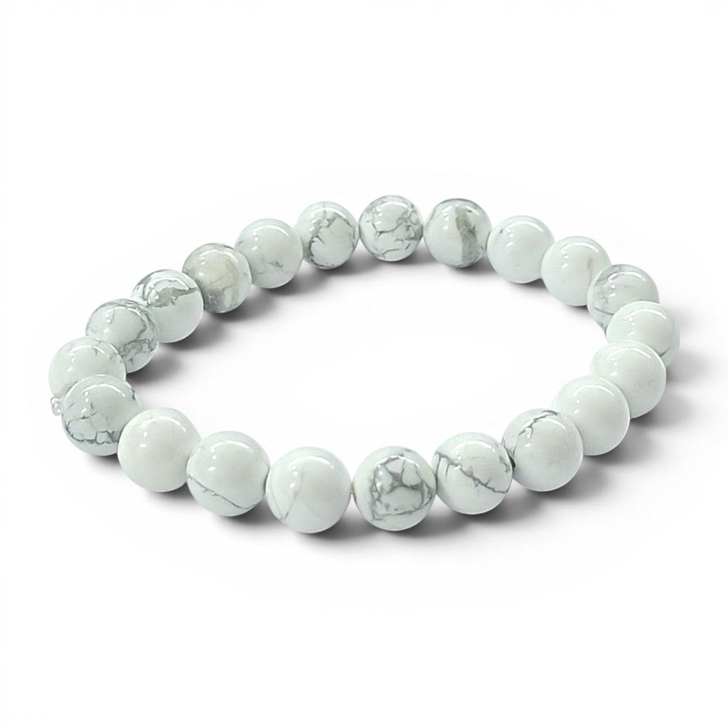 JewelOn white 8mm Howlite crystal beaded bracelet with grey veining, unisex design for stress relief.