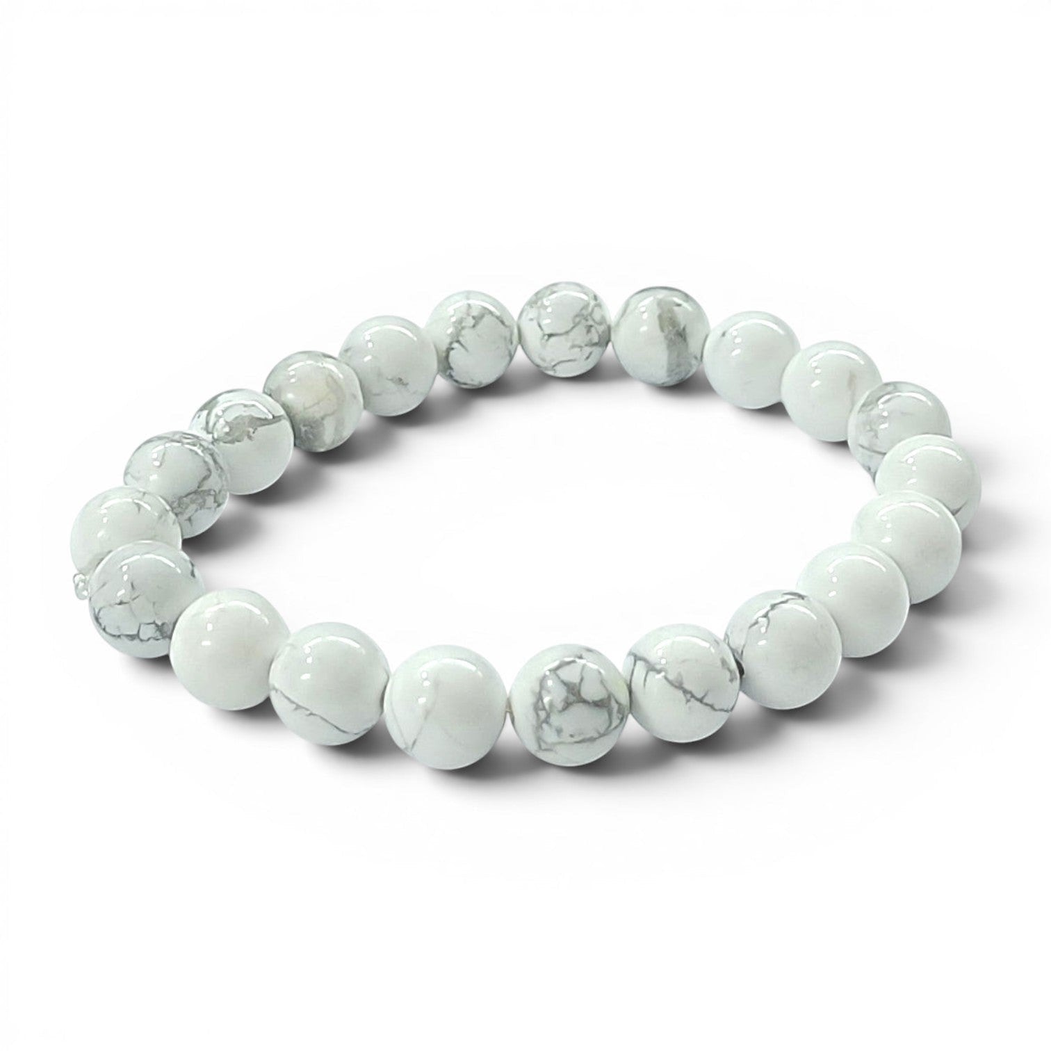 JewelOn white 8mm Howlite crystal beaded bracelet with grey veining, unisex design for stress relief.