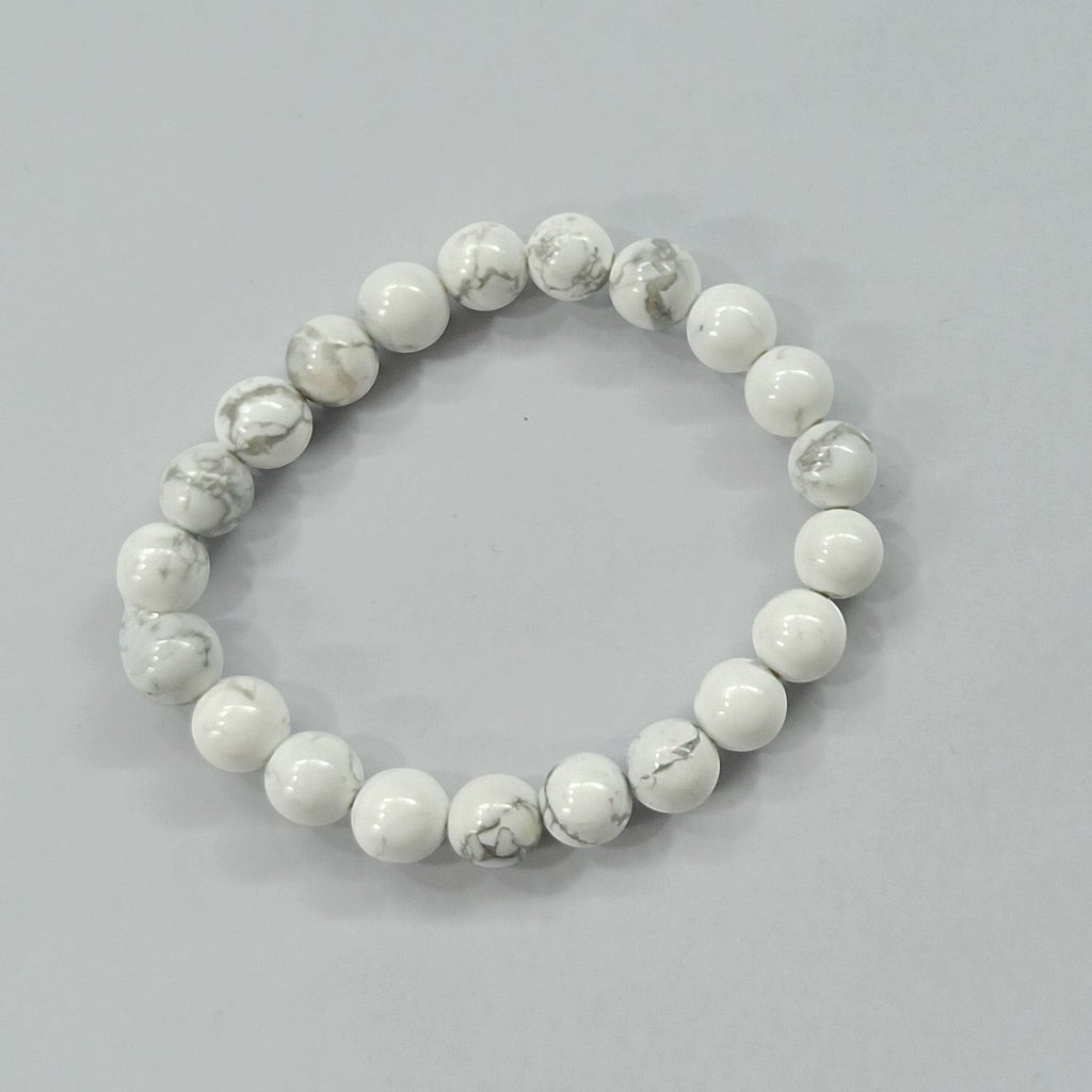 JewelOn white 8mm Howlite crystal beaded bracelet with grey veining, unisex design for men and women.