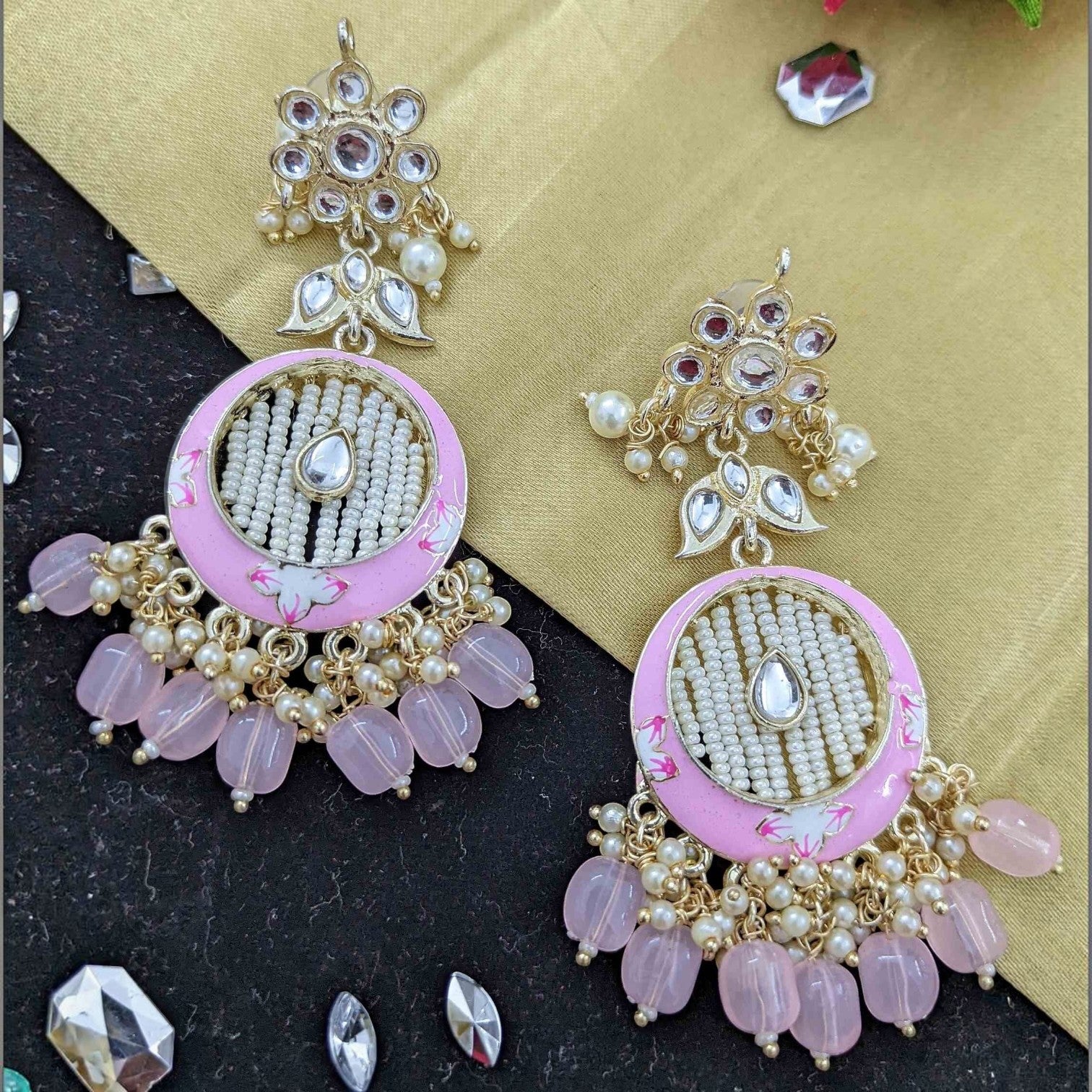JewelOn Kundan Meenakari earrings in baby pink with white beads and pearl accents. Dangle earrings with floral meenakari design.