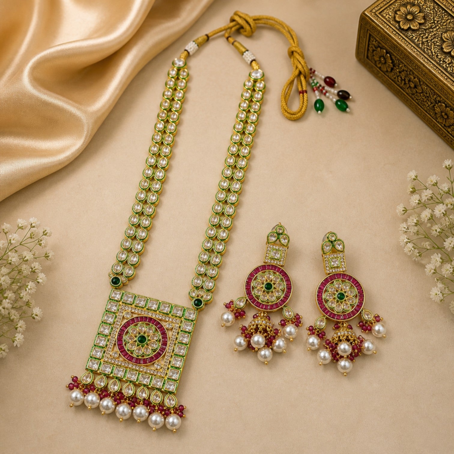 JewelOn AD Kundan long necklace set with matching earrings, featuring intricate gold-tone metalwork, white Kundan stones, green enamel, and pearl drops.