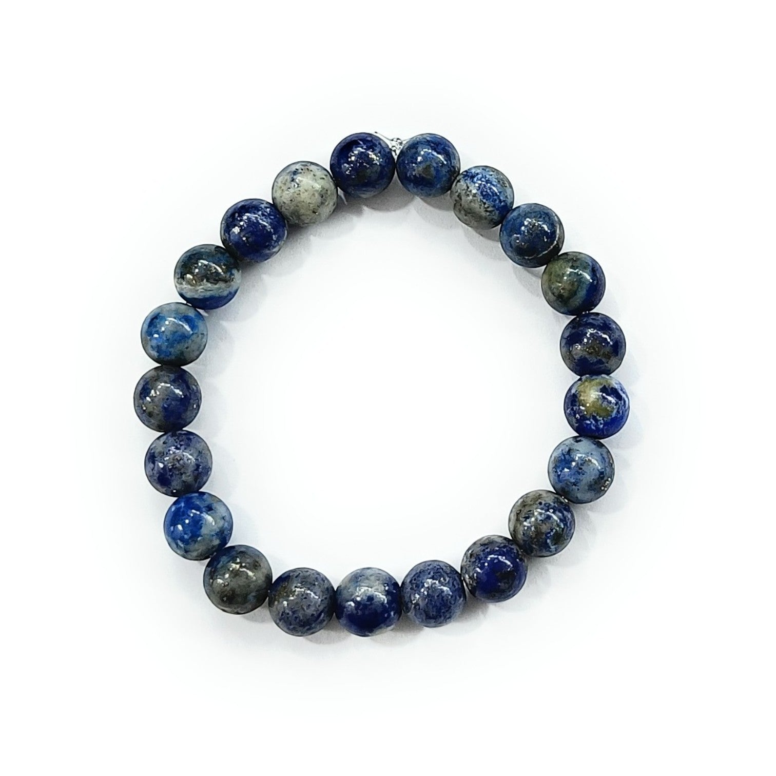 JewelOn Lapis Lazuli 8mm beaded bracelet with golden pyrite flecks, promoting wisdom and truth. Elastic band fits most.