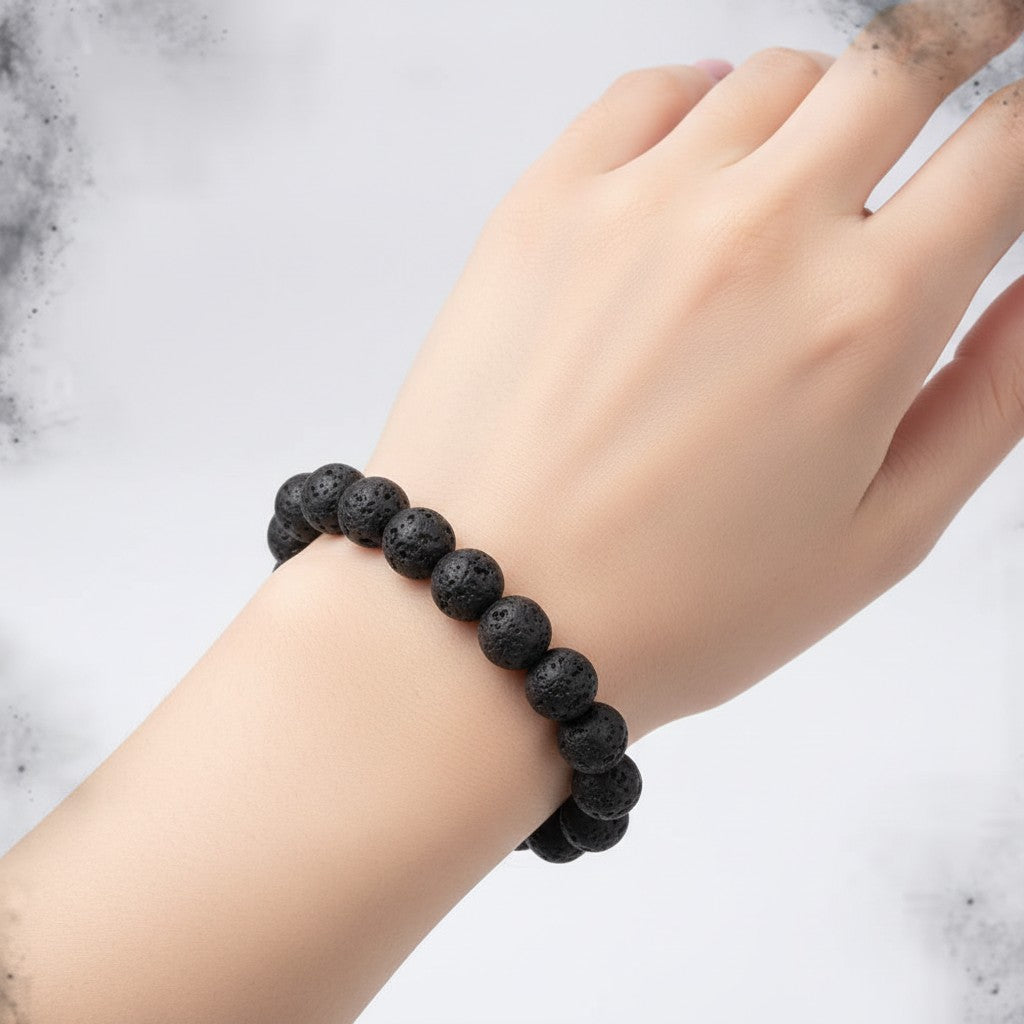 JewelOn black 8mm lava stone beaded bracelet for men and women, elastic band, porous texture